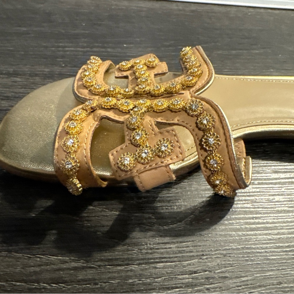Sam Edelson Embellished Tan Slide Sandals with Gold Accents - Size 7.5 - Picture 6 of 6